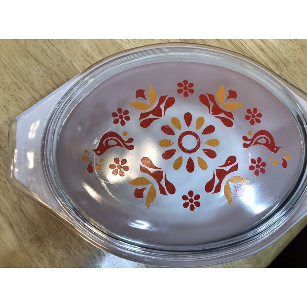Vintage Pyrex Friendship Birds Orange 1 1/2 Quart Casserole Dish w/ Clear Lid